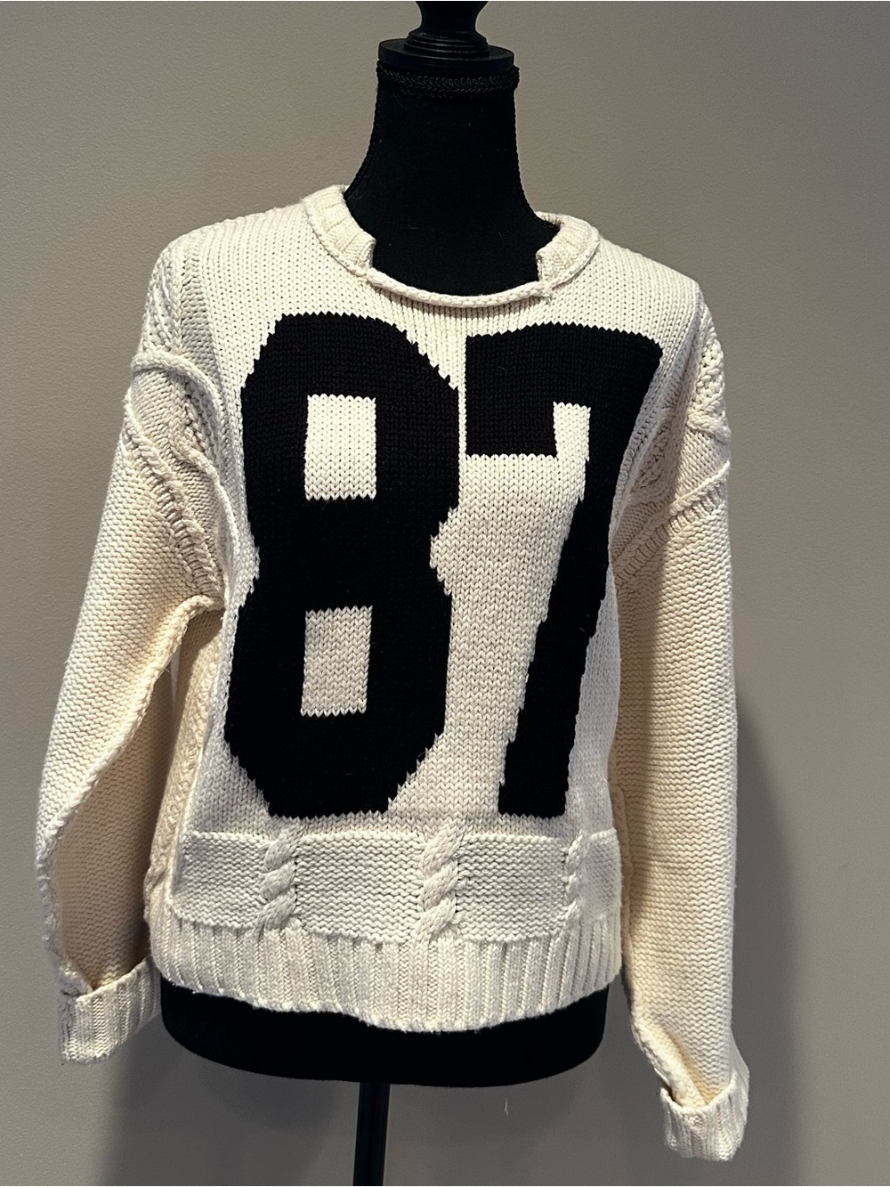 Free People Cream Knit Crew Sweater with Black 87 Graphic